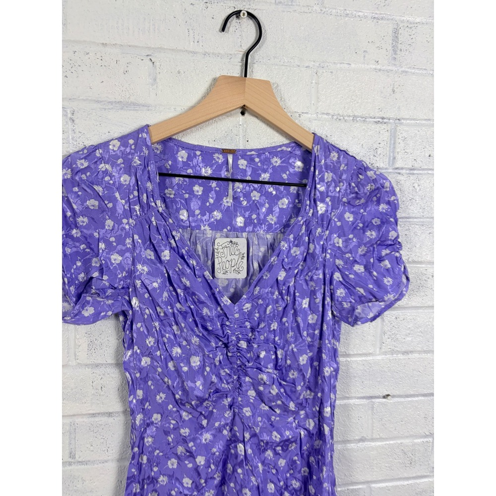 Free People Lavender Bond Street Floral Mini Dress Womens 2 Ruched Puff Sleeve - Picture 3 of 13